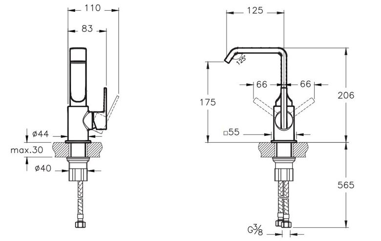 VITRA ROOT SQUARE umyvadlová stojánková baterie, lesklá černá A4261639 Technický nákres