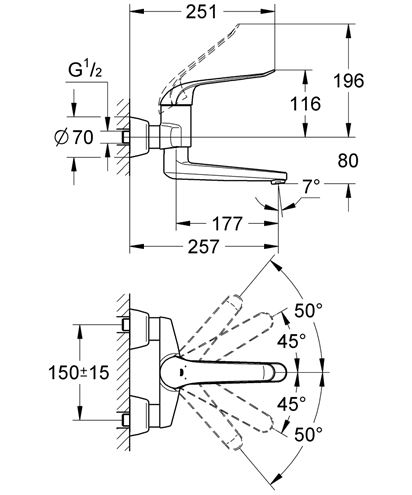 GROHE EUROECO SPECIAL umyvadlová nástěnná baterie, chrom 32773000 Technický nákres
