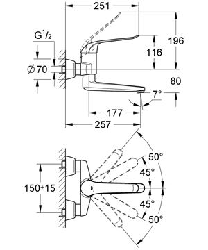 GROHE EUROECO SPECIAL umyvadlová nástěnná baterie, chrom 32773000 Technický nákres