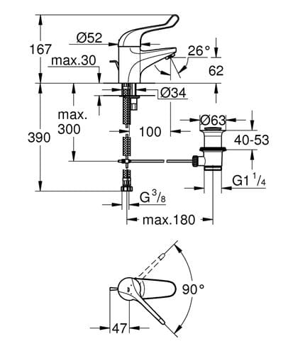 GROHE EUROECO SPECIAL umyvadlová stojánková baterie, s odtokovou soupravou, chrom 32788000 Technický nákres