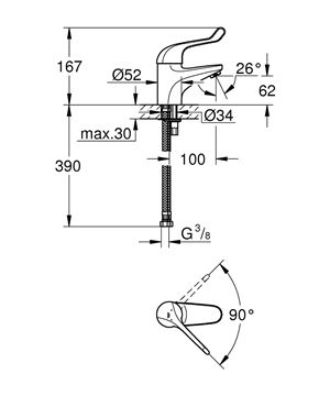 GROHE EUROECO SPECIAL umyvadlová stojánková baterie, chrom 32789000 Technický nákres