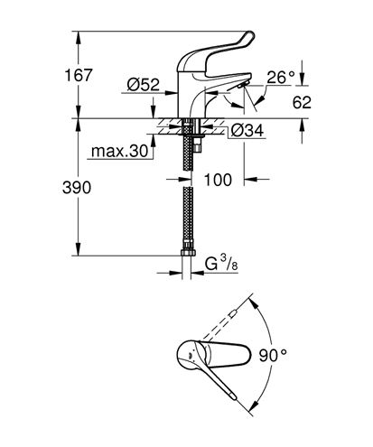 GROHE EUROECO SPECIAL umyvadlová stojánková baterie, chrom 32789000 Technický nákres