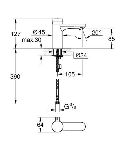 GROHE EUROSMART COSMOPOLITAN T umyvadlová stojánková baterie, s regulací teploty, samouzavírací, chrom 36317000 Technický nákres