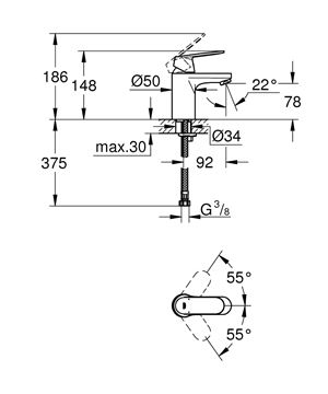 GROHE EUROSMART COSMOPOLITAN umyvadlová stojánková baterie, chrom 32824000 Technický nákres