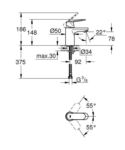 GROHE EUROSMART COSMOPOLITAN umyvadlová stojánková baterie, chrom 32824000 Technický nákres