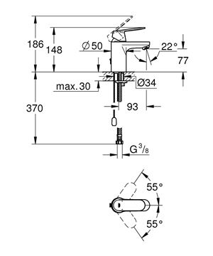 GROHE EUROSMART COSMOPOLITAN umyvadlová stojánková baterie, chrom 3282700E Technický nákres