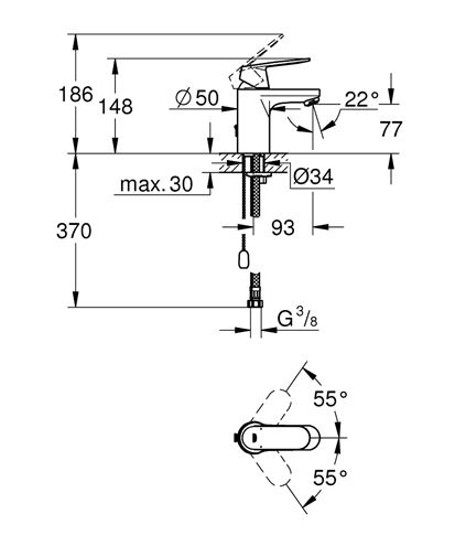 GROHE EUROSMART COSMOPOLITAN umyvadlová stojánková baterie, chrom 3282700E Technický nákres