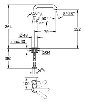 GROHE ESSENCE NEW umyvadlová stojánková baterie, Water Saving, kartáčovaný hard graphite 32901AL1 Technický nákres
