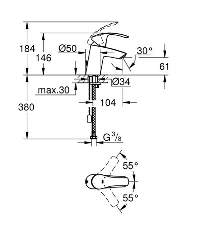 GROHE EUROSMART umyvadlová stojánková baterie, chrom 33188002 Technický nákres