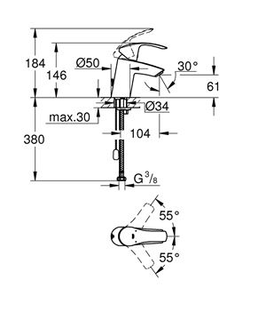 GROHE EUROSMART umyvadlová stojánková baterie, chrom 33188002 Technický nákres