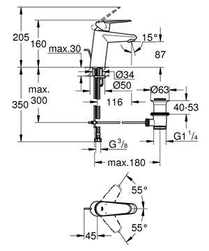GROHE EURODISC COSMOPOLITAN umyvadlová stojánková baterie, s odtokovou soupravou, chrom 3319020E Technický nákres