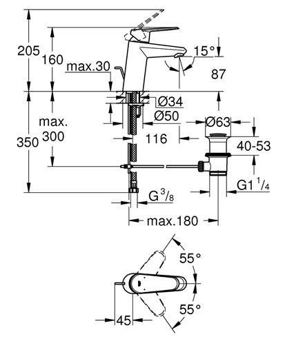 GROHE EURODISC COSMOPOLITAN umyvadlová stojánková baterie, s odtokovou soupravou, chrom 3319020E Technický nákres
