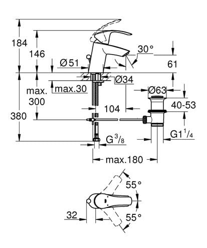 GROHE EUROSMART NEW umyvadlová stojánková baterie, s odtokovou soupravou, chrom 33265002 Technický nákres