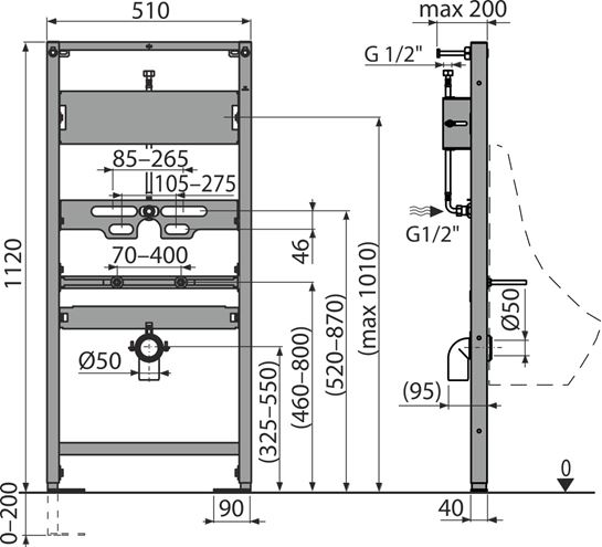 ALCA montážní rám pro pisoár 112 cm A107S/1120 Technický nákres