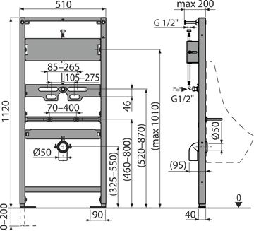 ALCA montážní rám pro pisoár 112 cm A107S/1120 Technický nákres