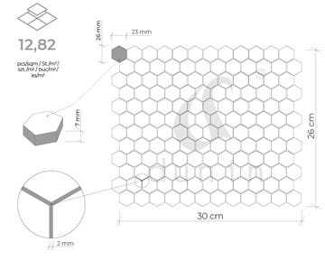 DUNIN HEXAGONIC mozaika 30x26(2,3x2,6)cm, lesk, white black lean MINI HEX. B&W LEAN Technický nákres