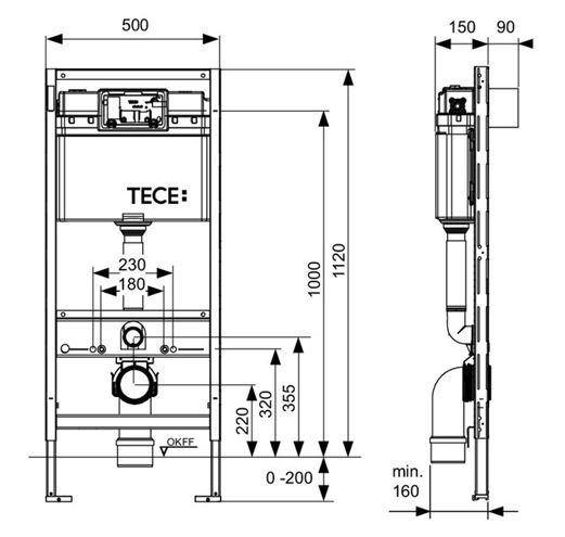 TECE PROFIL montážní prvek pro WC 112 cm, se splachovací nádržkou Uni 9300345 Technický nákres