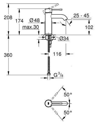 GROHE ESSENCE NEW umyvadlová stojánková baterie, phantom black 24172KF1 Technický nákres