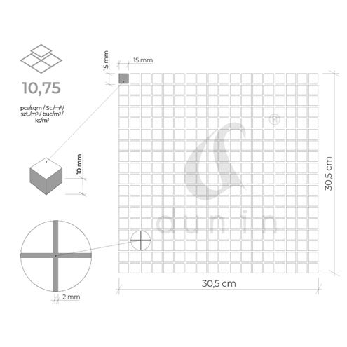 DUNIN BLACK & WHITE mozaika 30,5x30,5(1,5x1,5)cm, lesk, white PURE WHITE 15 Technický nákres