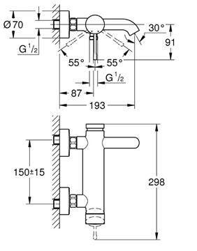 GROHE ESSENCE NEW vanová nástěnná baterie, s přepínačem, phantom black 25250KF1 Technický nákres