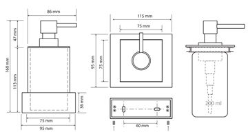 BEMETA GAMMA dávkovač tekutého mýdla 200 ml, nástěnný, polyresin, chrom/bílá 145509012 Technický nákres