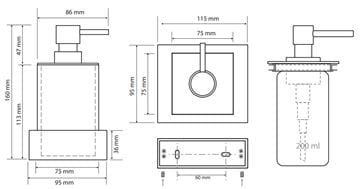 BEMETA GAMMA dávkovač tekutého mýdla 200 ml, nástěnný, polyresin, chrom/matná černá 145409012 Technický nákres