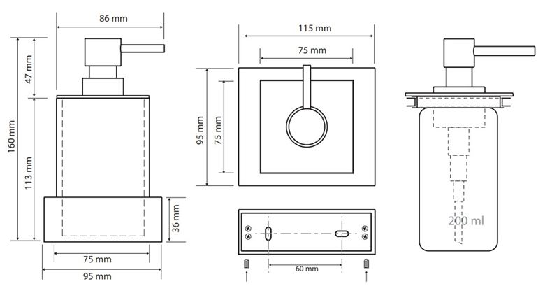 BEMETA GAMMA dávkovač tekutého mýdla 200 ml, nástěnný, polyresin, chrom/matná černá 145409012 Technický nákres