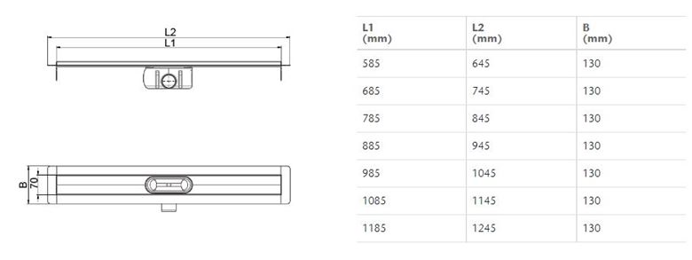 ACO SHOWERDRAIN C sprchový žlab 685 mm, do prostoru, boční odtok DN 50, bez roštu, nerez ocel 9010.88.22 Technický nákres