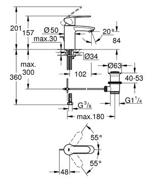 GROHE EUROSTYLE COSMOPOLITAN umyvadlová stojánková baterie, s odtokovou soupravou, chrom 3355220E Technický nákres