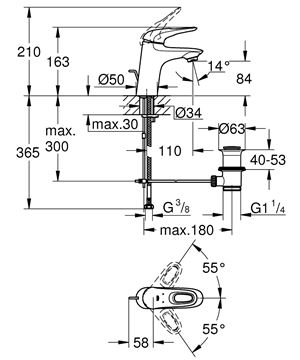 GROHE EUROSTYLE umyvadlová stojánková baterie, s odtokovou soupravou, měsíční bílá/chrom 33558LS3 Technický nákres