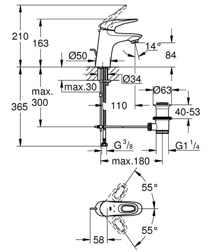GROHE EUROSTYLE umyvadlová stojánková baterie, s odtokovou soupravou, měsíční bílá/chrom 33558LS3 Technický nákres