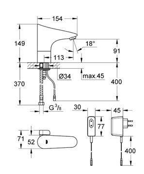 GROHE EUROPLUS E umyvadlová senzorová baterie s regulací vody, napájení ze sítě, chrom 36015001 Technický nákres