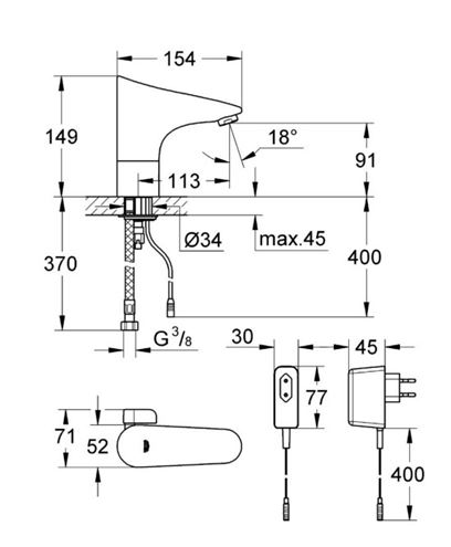GROHE EUROPLUS E umyvadlová senzorová baterie s regulací vody, napájení ze sítě, chrom 36015001 Technický nákres