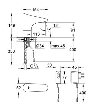 GROHE EUROPLUS E umyvadlová senzorová baterie pro jednu vodu, napájení ze sítě, chrom 36016001 Technický nákres