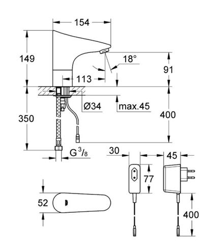 GROHE EUROPLUS E umyvadlová senzorová baterie pro jednu vodu, napájení ze sítě, chrom 36016001 Technický nákres