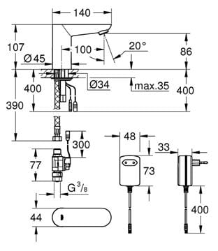 GROHE EUROECO COSMOPOLITAN E umyvadlová senzorová baterie pro jednu vodu napájení ze sítě, chrom 36269000 Technický nákres