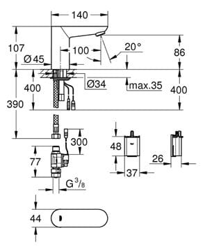 GROHE EUROECO COSMOPOLITAN E umyvadlová senzorová baterie pro jednu vodu, napájení z baterie, chrom 36271000 Technický nákres