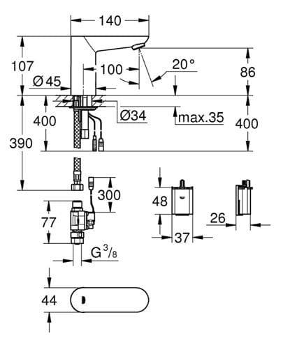 GROHE EUROECO COSMOPOLITAN E umyvadlová senzorová baterie pro jednu vodu, napájení z baterie, chrom 36271000 Technický nákres