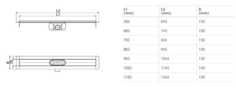 ACO SHOWERDRAIN C sprchový žlab 985 mm, do prostoru, boční odtok DN 50, bez roštu, nerez ocel 9010.88.25 Technický nákres