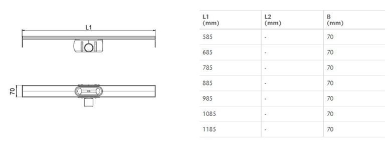 ACO SHOWERDRAIN C sprchový žlab 985 mm, do prostoru, boční odtok DN 50, bez roštu, nerez ocel 9010.88.39 Technický nákres