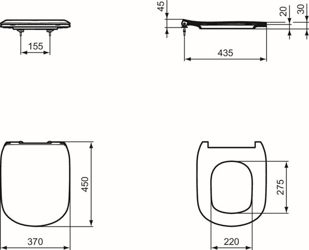 IDEAL STANDARD TESI WC sedátko Ultra Slim, SoftClose, hedvábná černá T3527V3 Technický nákres