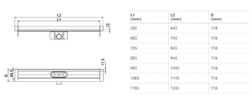 ACO SHOWERDRAIN C sprchový žlab 1185 mm, ke stěně, boční odtok DN 50, bez roštu, nerez ocel 9010.88.13 Technický nákres