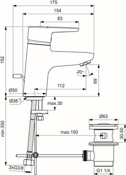IDEAL STANDARD CONNECT BLUE umyvadlová stojánková baterie, s odtokovou soupravou, chrom B9914AA Technický nákres