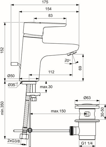 IDEAL STANDARD CONNECT BLUE umyvadlová stojánková baterie, s odtokovou soupravou, chrom B9914AA Technický nákres