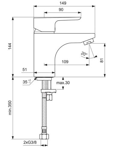 IDEAL STANDARD CERAPLAN III GRANDE umyvadlová stojánková baterie, chrom B0705AA Technický nákres