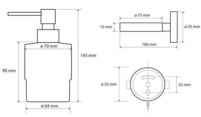 BEMETA OMEGA dávkovač tekutého mýdla 200 ml, nástěnný, sklo, chrom 104109102 Technický nákres
