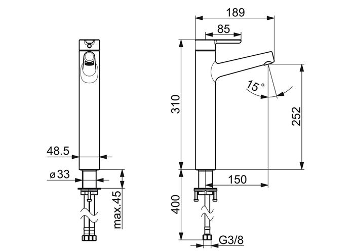 HANSA DESIGNO STYLE umyvadlová stojánková baterie, chrom 51692283 Technický nákres
