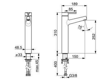 HANSA DESIGNO STYLE umyvadlová stojánková baterie, chrom 51692283 Technický nákres