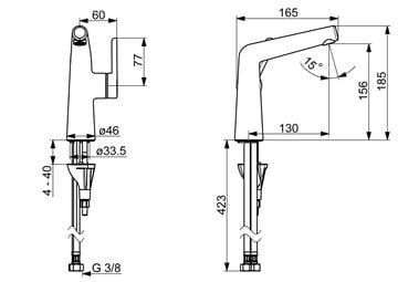 HANSA DESIGNO umyvadlová stojánková baterie, chrom 51922283 Technický nákres
