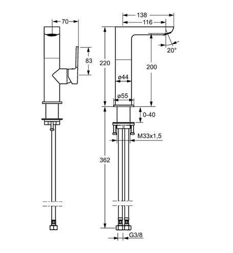 HANSA LIGNA umyvadlová stojánková baterie, chrom 55352203 Technický nákres